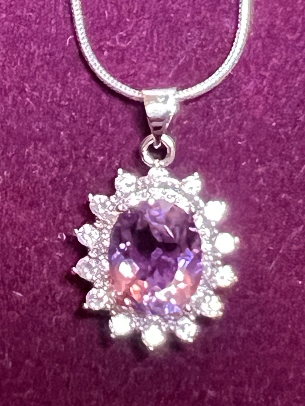 Gorgeous Silver Purple Amethyst Halo Pendant with 20” chain Necklace